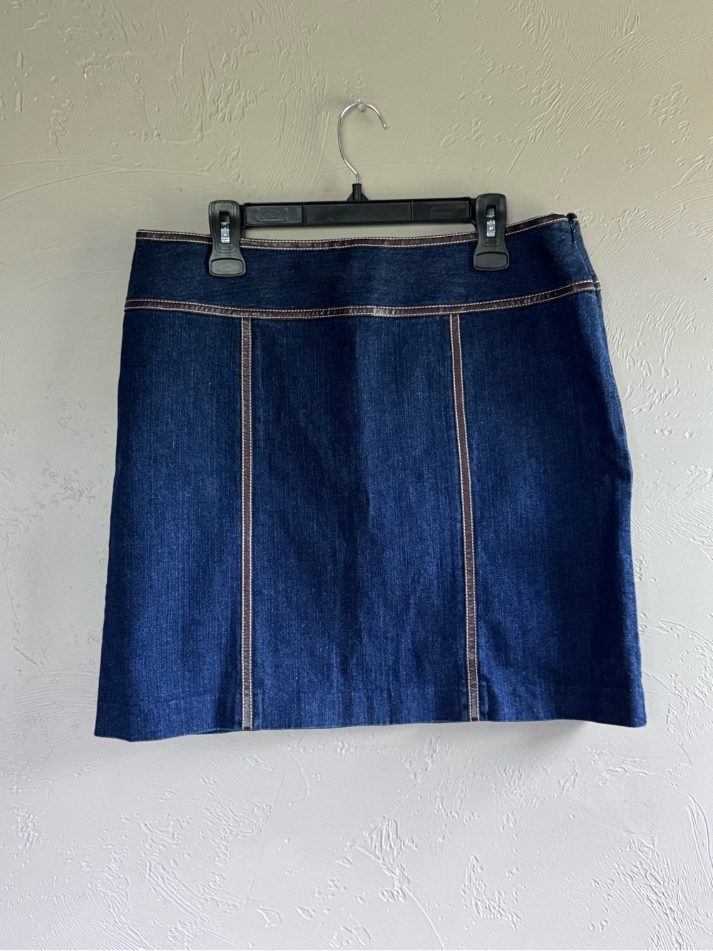 Michael Kors Denim Mini Skirt Size 14 Dark Wash Contrast Faux Leather Stitch
